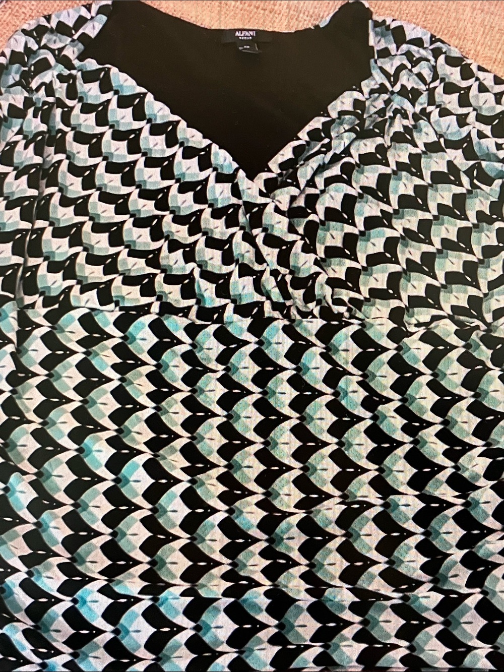 Alfani Black White and Teal Geometric Print Blouse